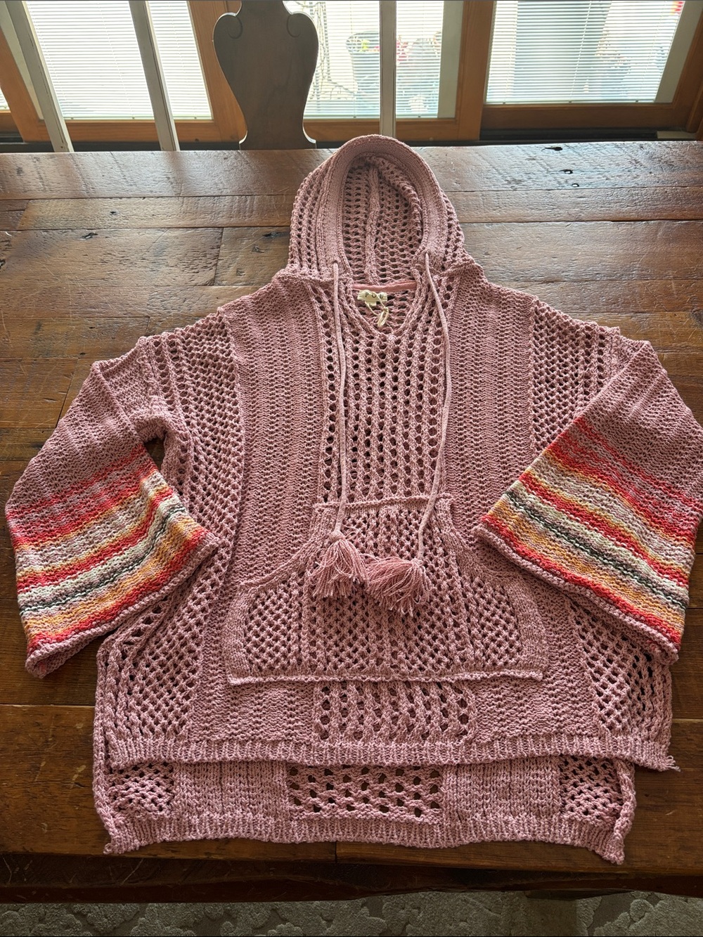 POL Mauve Knit Sweater/ Hoodie With Colorful Stripes On  Flair Sleeves Size L.